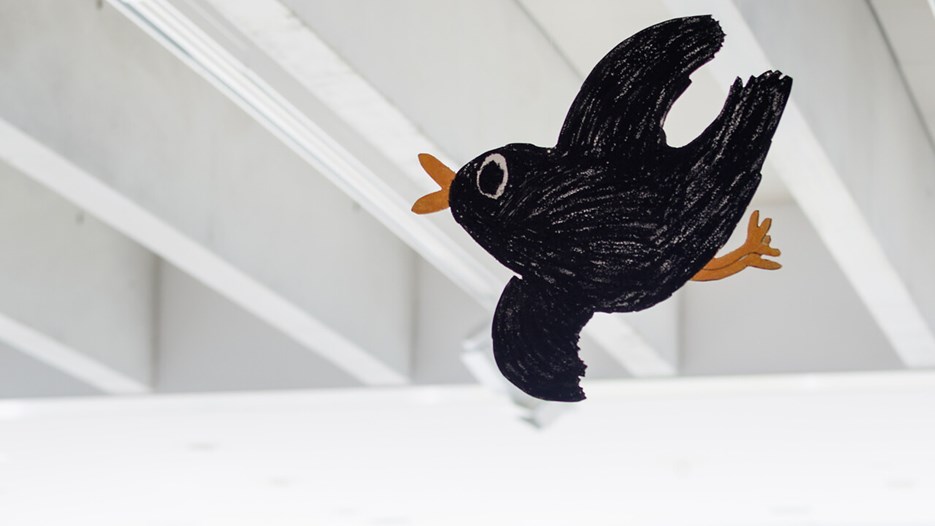 Årets svenska bilderbok / Dom som är kvar av Karin Saler och Siri Ahmed Backström, Vy från utställningen, Bildmuseet 2015. Swedish Picture Book of the Year / Dom som är kvar by Karin Saler and Siri Ahmed Backström, Exhibition view, Bildmuseet 2015