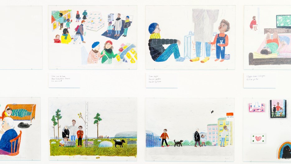 Årets svenska bilderbok / Dom som är kvar av Karin Saler och Siri Ahmed Backström, Vy från utställningen, Bildmuseet 2015. Swedish Picture Book of the Year / Dom som är kvar by Karin Saler and Siri Ahmed Backström, Exhibition view, Bildmuseet 2015