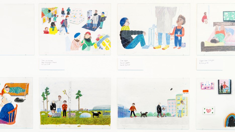 Årets svenska bilderbok / Dom som är kvar av Karin Saler och Siri Ahmed Backström, Vy från utställningen, Bildmuseet 2015. Swedish Picture Book of the Year / Dom som är kvar by Karin Saler and Siri Ahmed Backström, Exhibition view, Bildmuseet 2015