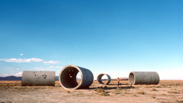 Nancy Holt, Sun Tunnels, 1973-76<br/>Great Basin Desert, Utah<br/>Concrete, steel, earth<br/>Overall dimensions: 9 ft. 2-1/2 in. x 86 ft. x 53 ft. (2.8 x 26.2 x 16.2 m); length on the diagonal: 86 ft. (26.2 m)<br/>Photograph: Nancy Holt<br/>Collection Dia Art Foundation with support from Holt/Smithson Foundation<br/>© Holt/Smithson Foundation and Dia Art Foundation, licensed by Artists Rights Society (ARS), New York