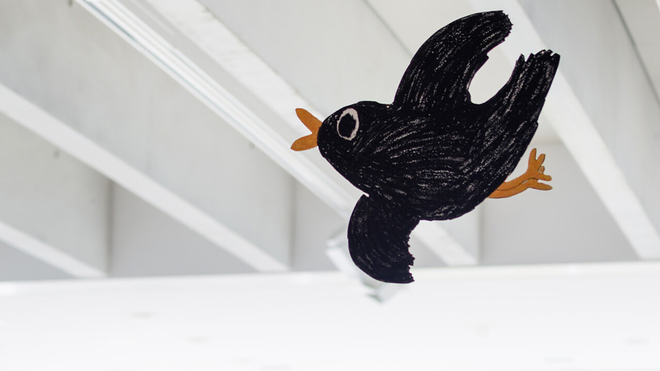 Årets svenska bilderbok / Dom som är kvar av Karin Saler och Siri Ahmed Backström, Vy från utställningen, Bildmuseet 2015. Swedish Picture Book of the Year / Dom som är kvar by Karin Saler and Siri Ahmed Backström, Exhibition view, Bildmuseet 2015