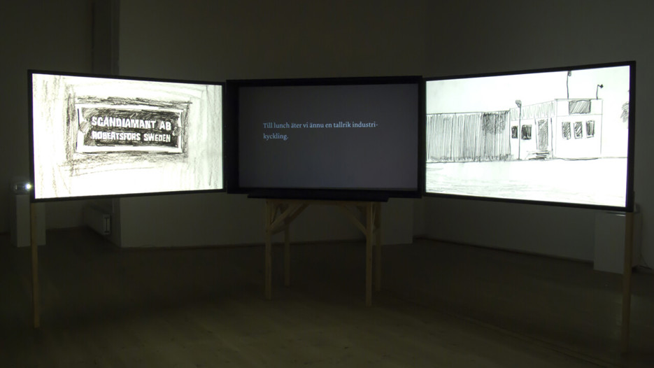 Sara Jordenö / Diamond People – Instructions for a Film, Vy från utställningen, Bildmuseet 2010-2011. Sara Jordenö / Diamond People – Instructions for a Film, View from the exhibition, Bildmuseet 2010-2011.