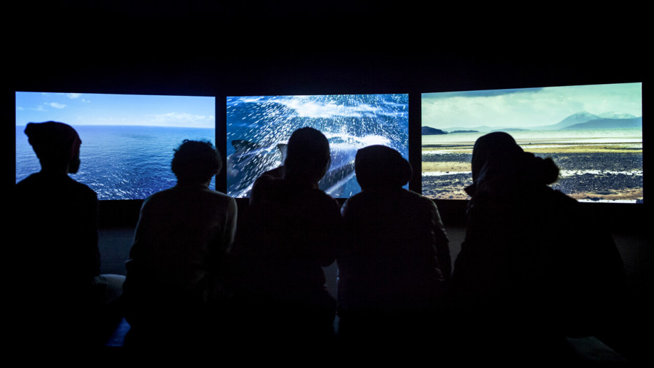 John Akomfrah / Vertigo Sea, Vy från utställningen, Bildmuseet 2015-2016. John Akomfrah / Vertigo Sea, Exhibition view, Bildmuseet 2015-2016
